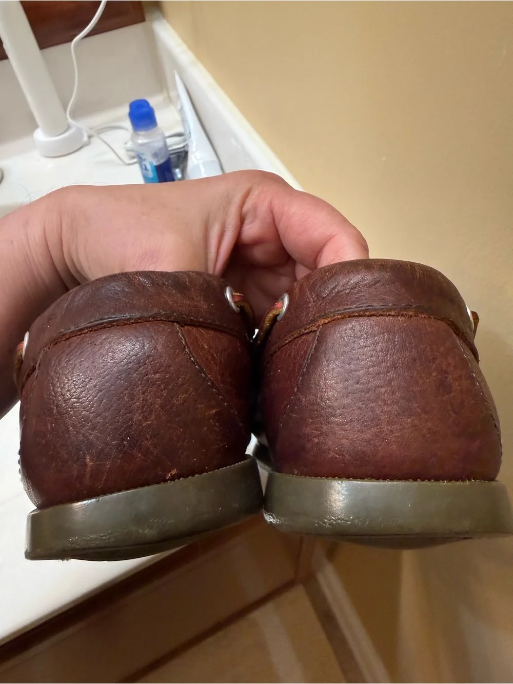 L.L. Bean Brown Leather Moccasin Boat Shoes with Red and Yellow Laces